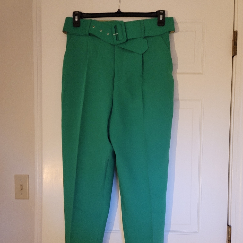 Zara green belted high waisted tapered trouser pants